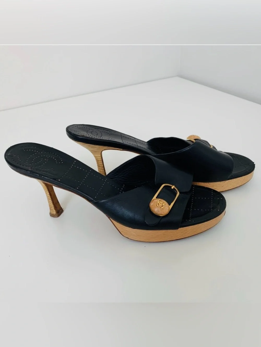 Authentic CHANEL Black Leather Slide Heels with Gold Insignia Accent. Sz: 9.5